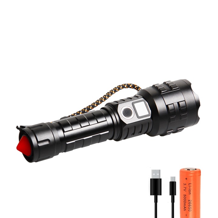 LED тактически фенер с батерия, NUODWELL, XHP70 Ultra-Bright източник, 2400 лумена, 5 светлинни режима и регулируем фокус, Водоустойчивост и USB-C зареждане, За разходка на кучета, къмпинг и туризъм, 178 mm x 48 mm x 32 mm, Алуминий, Черен