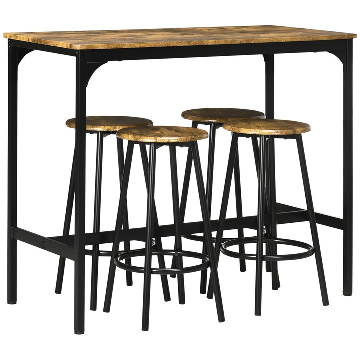 Set de bar Homcom, 5 piese, stil industrial, MDF si metal, maro rustic si negru, 110x50x89.5cm