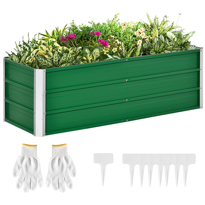 Jardiniera de gradina Outsunny, 2 zone de cultivare, structura din otel, verde, 125x47x40cm