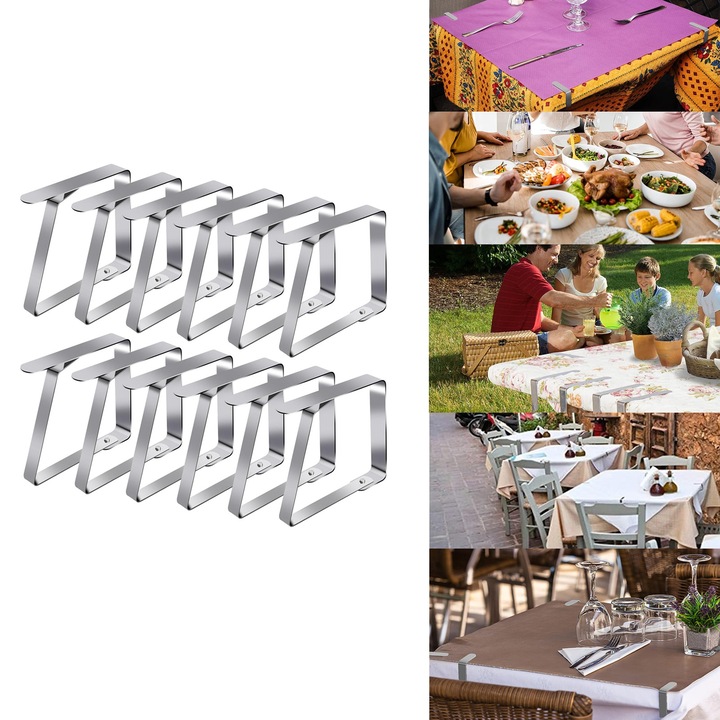Set 12 cleme pentru fixat fata de masa, NUODWELL, Pentru mesele cu grosime mai mica de 6.5 cm, Usor de instalat si de indepartat, Pentru familie, petreceri de nastere si cine in aer liber, Otel Inoxidabil, 8 X 7 Cm, Argintiu