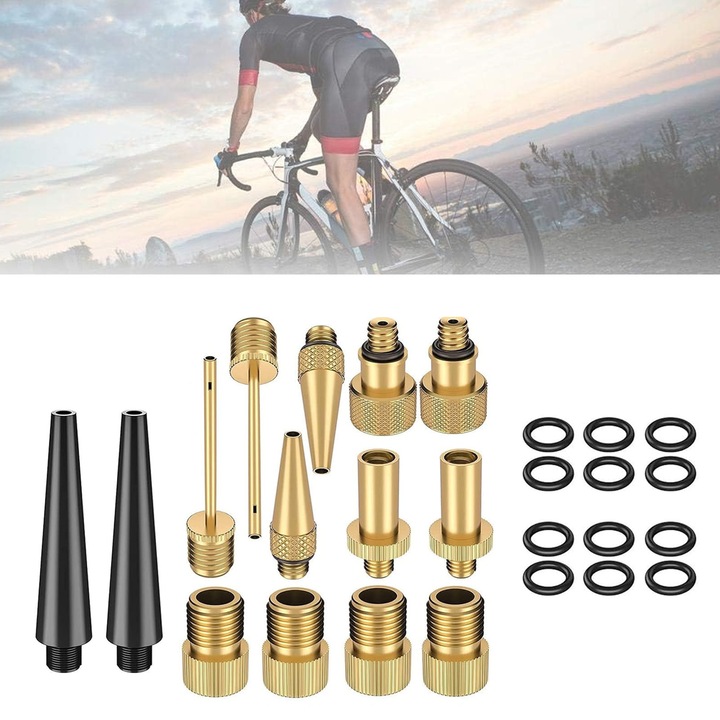Set 24 de piese pentru vulcanizare pentru bicicleta si jucarii gonflabile, NUODWELL, Cu filete cu surub si garnitura de cauciuc, Adaptoare pentru supape DV/SV, AV, SV, Pentru biciclete de munte, jucarii gonflabile, Alama si plastic, Auriu/Negru