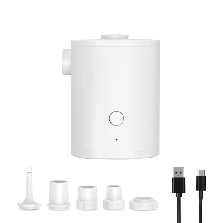 Elektromos légszivattyú, NUODWELL, 5 az 1-ben a matracok gyors felfújásához/leeresztéséhez, USB töltés, 2500 mAh akkumulátor, Ultra könnyű és hordozható, Strandhoz, kempingezéshez és szabadtéri találkozókhoz, 64x71x82mm, ABS, Fehér