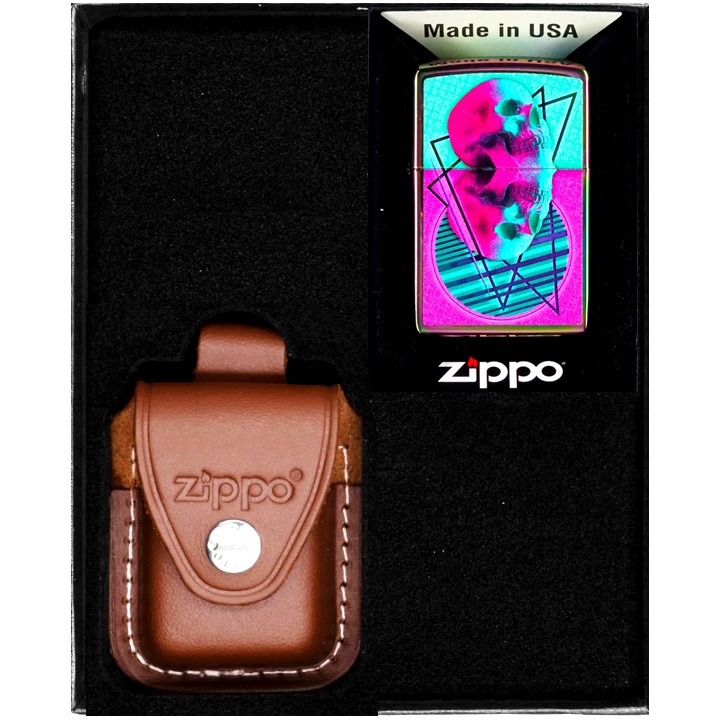 Set Zippo, Bricheta Skull Mirrored, WINDPROOF, in cutie cadou