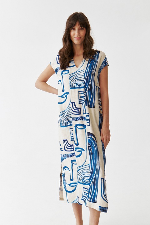 Tatuum, Rochie midi din amestec de in cu decolteu in V, Alb/Albastru, XS