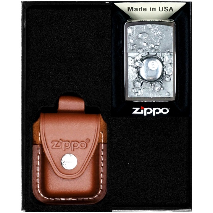 Set Bricheta Zippo Eight Ball, Etui Piele, Metal, Maro, in Cutie Cadou