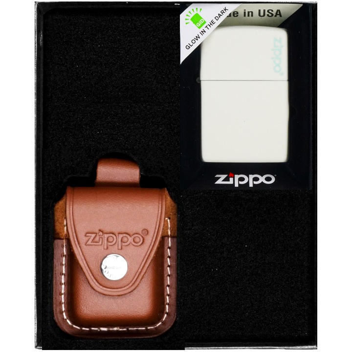 Set Zippo, Bricheta, WINDPROOF, Glow In Dark Logo, in cutie cadou