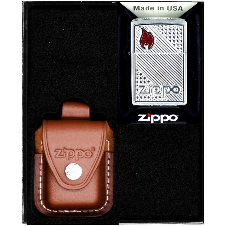 Set Bricheta Zippo Tiles Emblem, Etui Piele Maro, Alama, Rezistenta la Vant, in Cutie Cadou