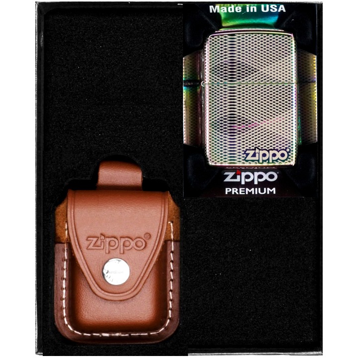 Set Bricheta Zippo Illusion Line, Etui Piele Maro, Metal, Benzina, in Cutie Cadou