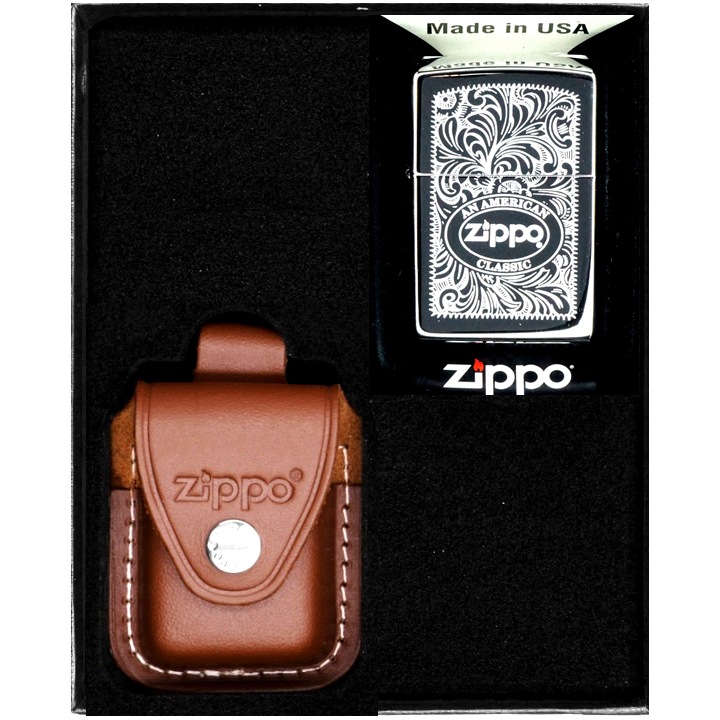 Set Zippo, bricheta originala si etui din piele maro, rezistenta la vant, in cutie de cadou