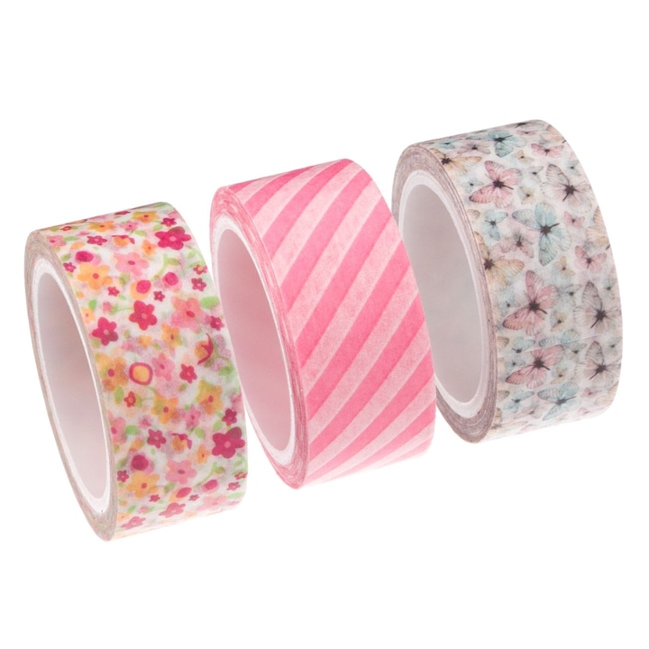 Set 3 benzi adezive washi tape cu model floral si dungi roz Shopiens®, 5 m x 1.5 cm