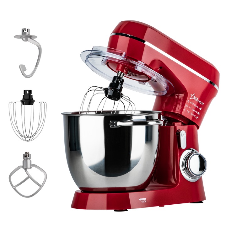 Кухненски робот STARCREST SKM-1300RD, 1300W, Купа 5.2 L Неръждаема стомана, 4 аксесоара, 10 скорости + импулс, метални зъбни колела, Червен