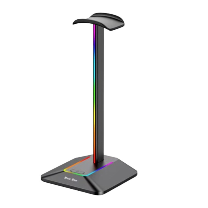 Suport casti gaming cu iluminare ambientala RGB, functie transfer date si incarcare, cu 2 x USB, functie plug and play, antiderapant, negru