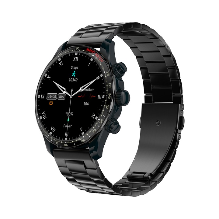 Часовник Smartwatch SolMi KM68, работещ с приложение Fit Cloud Pro, за спорт и ежедневие, Bluetooth разговори, 1.43" цветен дисплей, Метален корпус, Метална и силиконова каишка, Водоустойчив IP68, Черен цвят