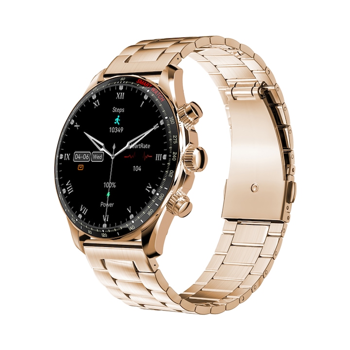 Часовник Smartwatch SolMi KM68, работещ с приложение Fit Cloud Pro, за спорт и ежедневие, Bluetooth разговори, 1.43" цветен дисплей, Метален корпус, Метална и силиконова каишка, Водоустойчив IP68, Gold