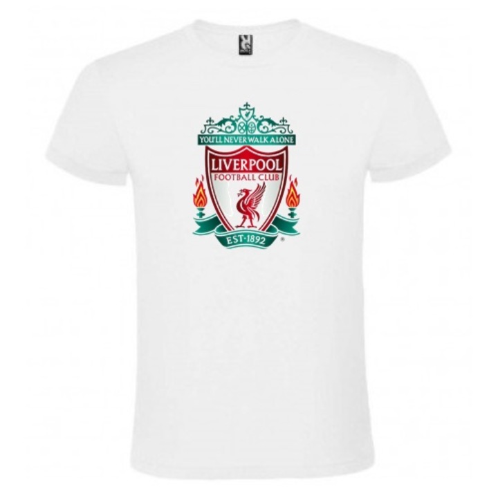 Tricou barbat cu sigla echipei de fotbal Liverpool, bumbac, alb, suporter Liverpool, marime M