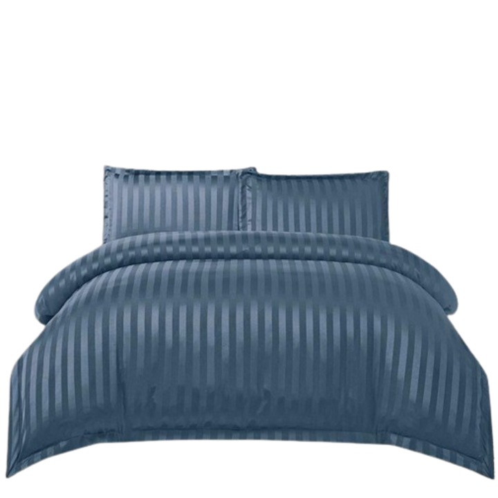 Lenjerie de pat 4 piese damasc, pentru pat de 2 persoane, cearceaf de pat cu elastic 180x200 cm albastru