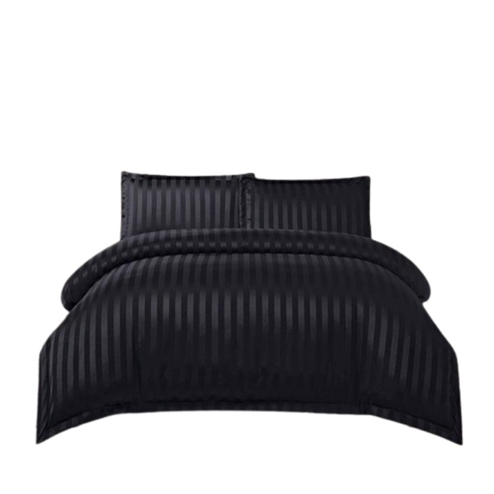 Lenjerie de pat 4 piese damasc, pentru pat de 2 persoane, cearceaf de pat cu elastic 180x200 cm negru