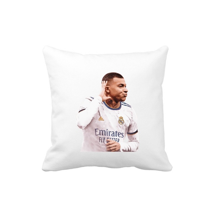 Perna cu Kylian Mbappe la Real Madrid, 40 x 40 cm, suporter Real Madrid, poliester, alba