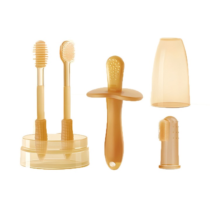 Комплект от 4 четки за зъби за бебета, JENUOS®, моларна пръчка, чаша за вода, лесна за почистване, силикон, кафяв