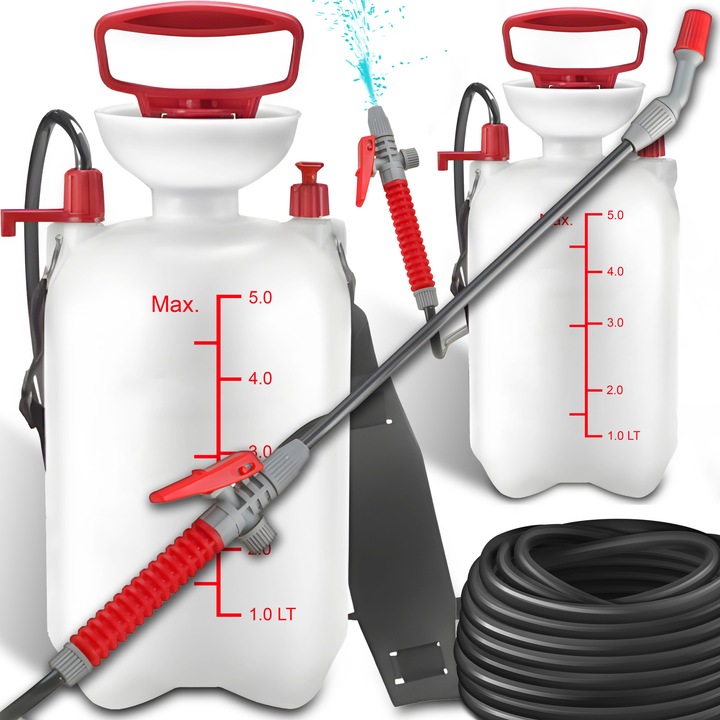 Pulverizator Manual Cu Presiune RETOO GardenMaster, 5L, Pompare Manuala, Furtun 130cm, Lance 41cm, Presiune Reglabila, Supapa De Siguranta, Curea De Umar, Material PP & PE, Compatibil Cu Solutii Chimice, Ideal Pentru Gradina, Dezinfectare, Alb-Rosu