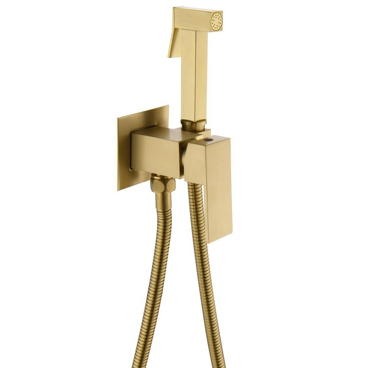Хигиеничен душ комплект, интимен тип с кран, двупосочен, топла/студена вода за биде или WC, с вграден кран, Gold Nickel