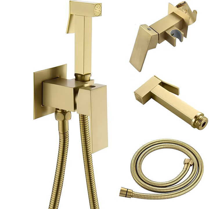 Set Dus igienic, tip intim cu robinet, doua cai, apa Calda/Rece pentru Bideu sau Wc, cu baterie incastrata, Auriu Nichelat