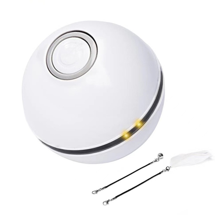 Електрическа топка за котки, Hggzeg, USB зареждане, Плосък дизайн на превключвател, С LED, 2 включени аксесоара, Камбанки и пера, Интерактивно скачане, Полезно за здрава котка, Нисък шум, 250mAh, Пластмаса, Диаметър 6 см, Бял