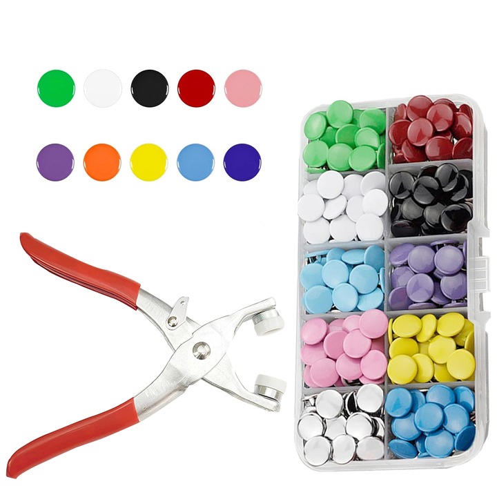 Set 100 butoane metalice de cusut, SINBINTA, Cu clesti si cutie de depozitare, Usor de instalat, Anti rugina, Pentru Imbracaminte pentru copii, Coasere si ambarcatiuni diy, Otel inoxidabil, 9.5MM, Multicolor