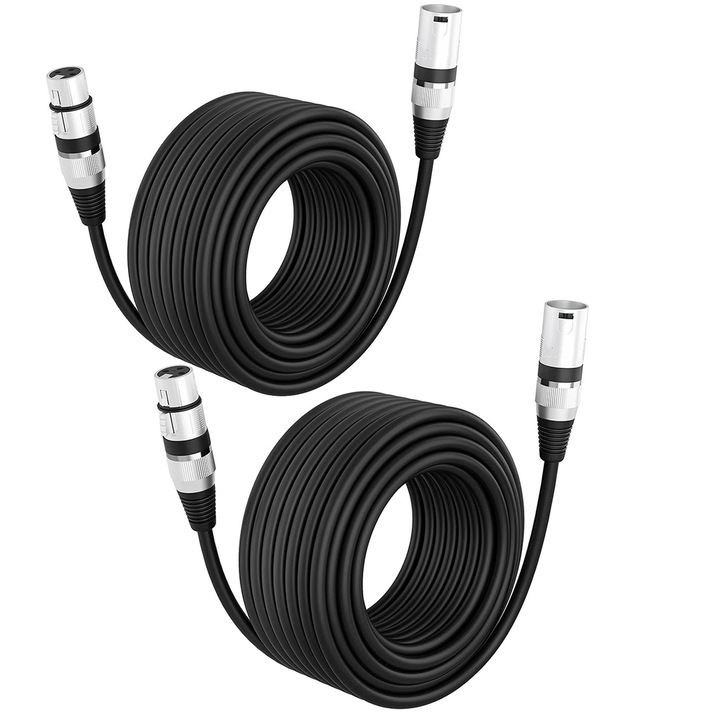 Set 2 cablu audio stereo XLR, SINBINTA, 2m, Conectori Mama-Tata, Usor de instalat, Pentru cabluri de microfon wireless, Mixer audio, Power amplifer, Miez de cupru anaerob de inalta - puritate, Negru/Argintiu