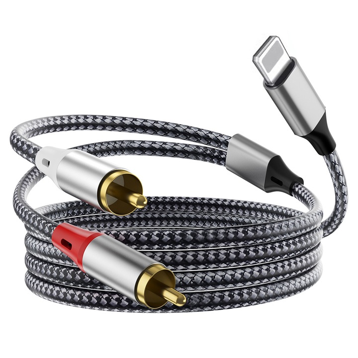 Audioadapter aux kábel lightning 2RCA-hoz, SIBINTA, 1m, Y sztereó elosztó, Jack 3,5 mm, Plug and Play, Zajmentes, Tiszta hangminőség, Kompatibilis iPhone, iPad, Autóhoz, Hangszóró, TV audio, Nylon, Antracit szürke