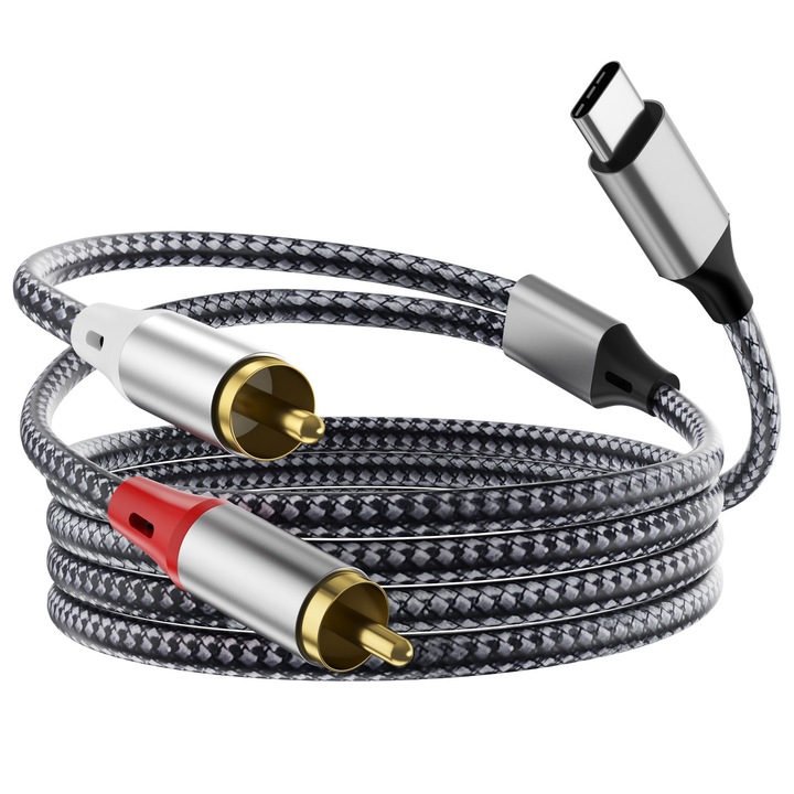 Аудио адаптер aux кабел lightning към 2RCA, SIBINTA, 1 m, USB-C, Y стерео сплитер, жак 3,5 mm, Plug and Play, Без шум, Чисто качество на звука, Многократна употреба, За кола, Високоговорител, TV audio, Найлон, Сив