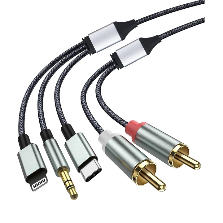 Lightning adapter RCA audio aux kábelhez, SINBINTA, 1,3 m, USB-C, 3 Drag 2, 3,5 mm-es interfész, Aranyozott csatlakozó, Korróziógátló, Plug and Play, Zajmentes, Tiszta hangminőség, Autóhoz, Hangszóró, TV audio, nylon, fekete