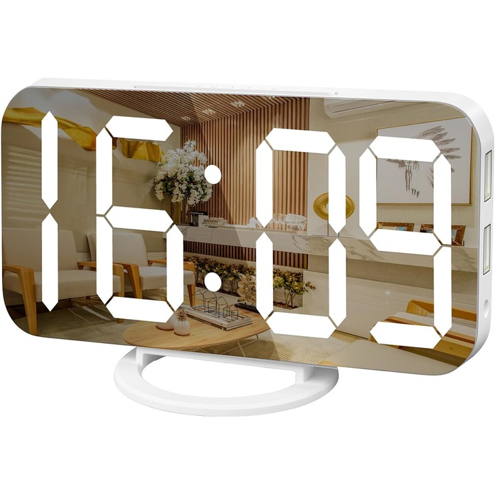 Óra digitális ébresztőóra, nagy tükör LED kijelzővel, USB töltővel, fehér