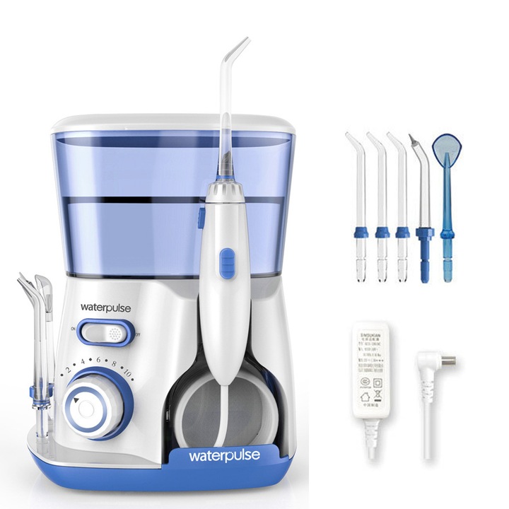 Waterpulse professzionális szájöblítő, 5 fúvóka, 10 nyomásfokozat, 800 ml-es tartály, kék fehérrel, 163x125x212mm