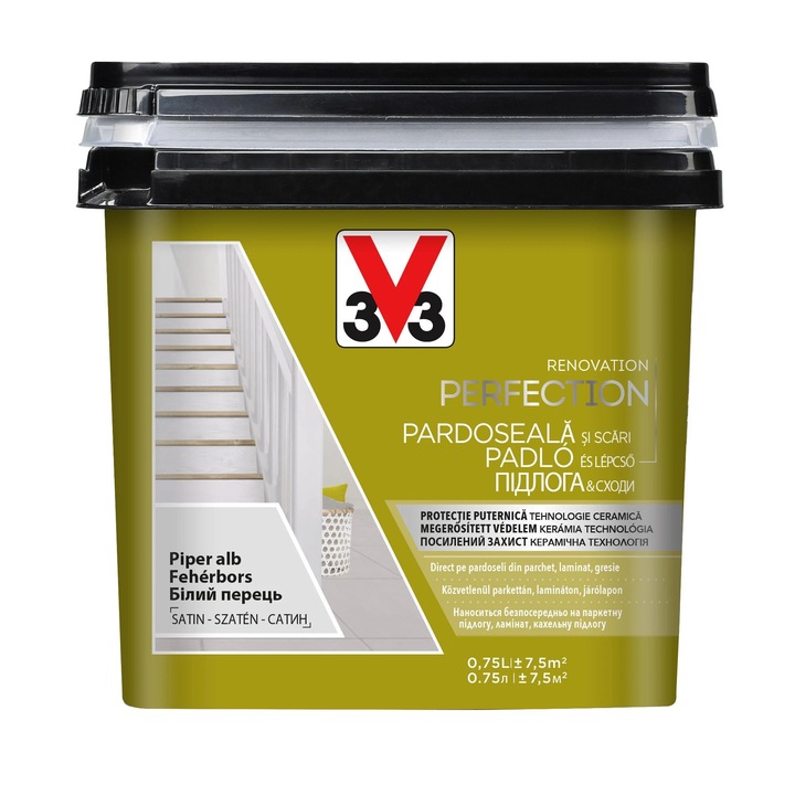 Vopsea pe baza de apa direct pe gresie, pardoseala de interior, lemn, suprafete laminate, aspect satinat, 0, 75 l, alb piper