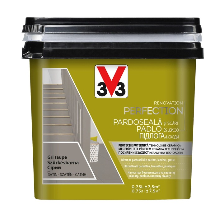 Vopsea pe baza de apa direct pe gresie, pardoseala de interior, lemn, suprafete laminate, aspect satinat, 0, 75 l, gri taupe