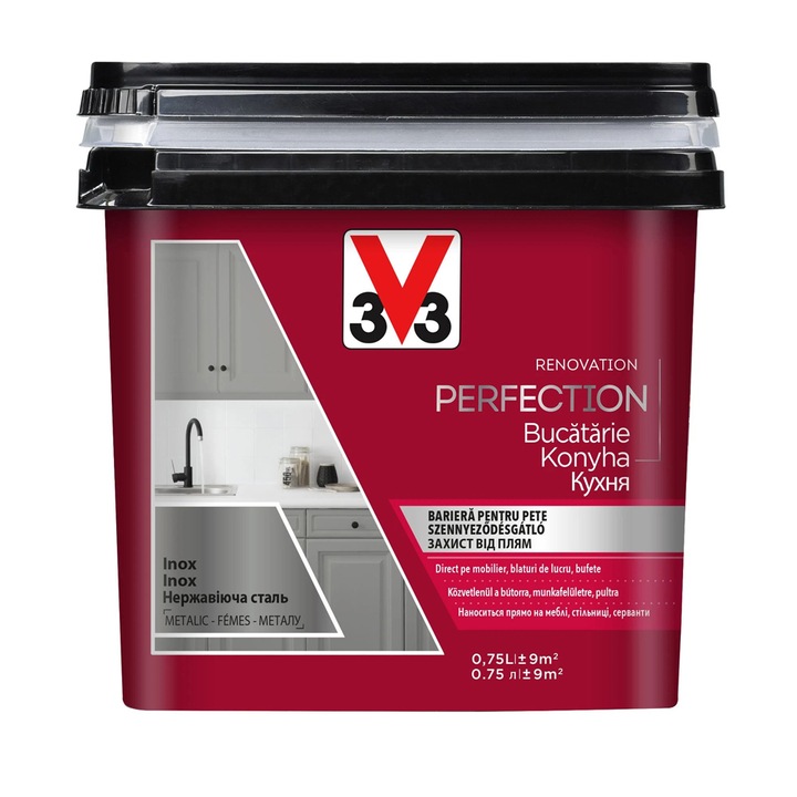 Vopsea pe baza de apa pentru bucatarie direct pe pal, melaminat, lemn masiv, plastic, aspect satinat, 0, 75 l, gri inox