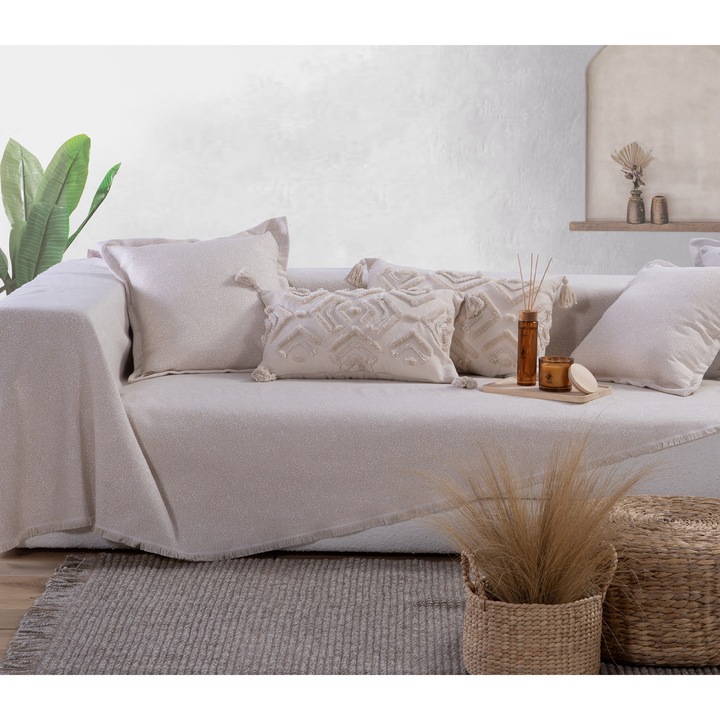 Patura si cuvertura Nef Nef Aronia, 75% bumbac, 25% poliester, ecru, 170x250cm, set cu perna decorativa 50x50cm