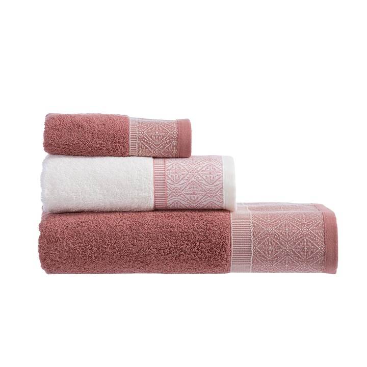 Set 3 prosoape, Nef Nef, Bumbac, Absorbante, Coral/Ecru