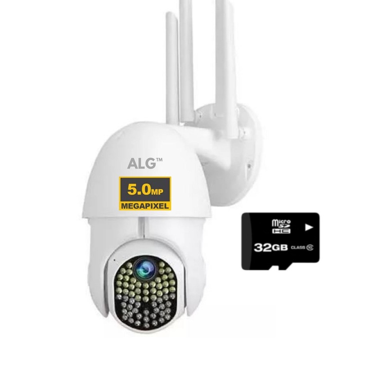 Въртяща се камера, ALG 5 MP + 32GB карта в комплекта, 4 антени, 360° въртене IP WiFi, 100 светодиода, 100 метра обхват, светлинна и акустична аларма, сензор за движение, нощно виждане, бял