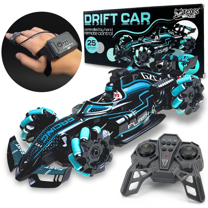 Masina cu Telecomanda DRIFT CAR EVI Toys, Control prin Gesturi si Telecomanda, 25 km/h, Tractiune 4WD, Efect Fum si Lumini LED, Cascadorii 360°, Negru/Verde