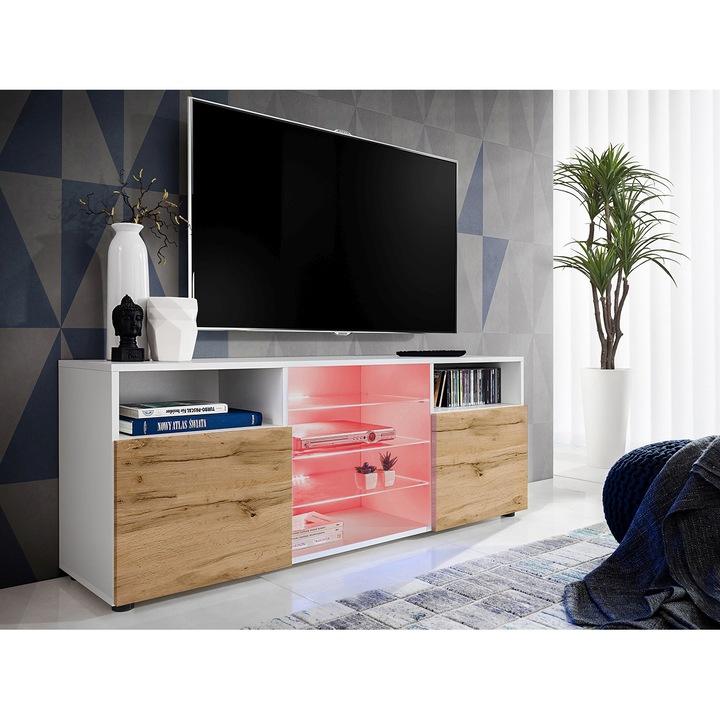 Comoda TV Urbino, Komodee, 140 x 53 x 35 cm, PAL, LED RGB, Alb/Wotan