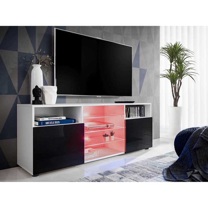 Comoda TV Urbino, Komodee, 140 x 53 x 35 cm, PAL, LED RGB, Alb/Negru