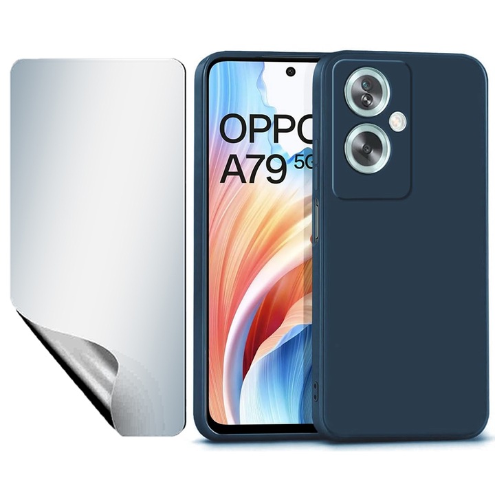 Regenerálható hidrogél fólia készlet UHD Clarity, nagy érzékenységű és szilikon matt tok Oppo A79-hez, OPTIM MEGOLDÁS, Kameravédelem, Puha Folyékony TPU, SlimFit, Hivatalos és Core Design, Könnyű, Emelt élek, Kék
