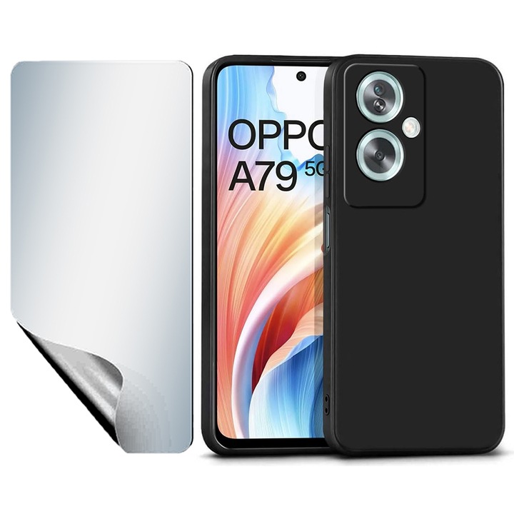 Regenerálható hidrogél fóliakészlet UHD Clarity, nagy érzékenységű és matt szilikon borítás Oppo A79-hez, OPTIM MEGOLDÁS, Kameravédelem, Puha Folyékony TPU, SlimFit, Hivatalos és Core Design, Könnyű, Emelt élek, Fekete