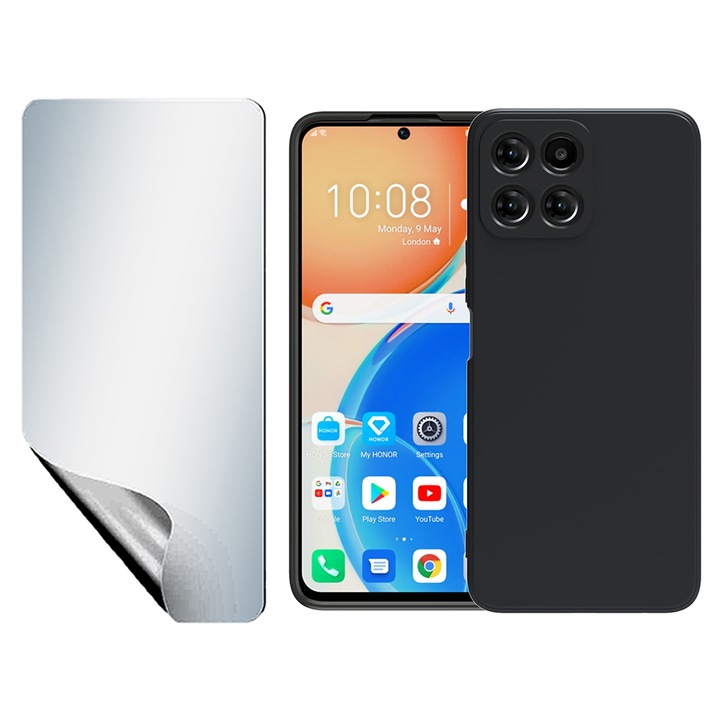 Regenerálható hidrogél fóliakészlet UHD Clarity, nagy érzékenységű és szilikon matt tok Honor X8b-hez, OPTIM MEGOLDÁS, Kameravédelem, Puha, folyékony TPU, SlimFit, Hivatalos és Core Design, Könnyű, megemelt élekkel, Fekete