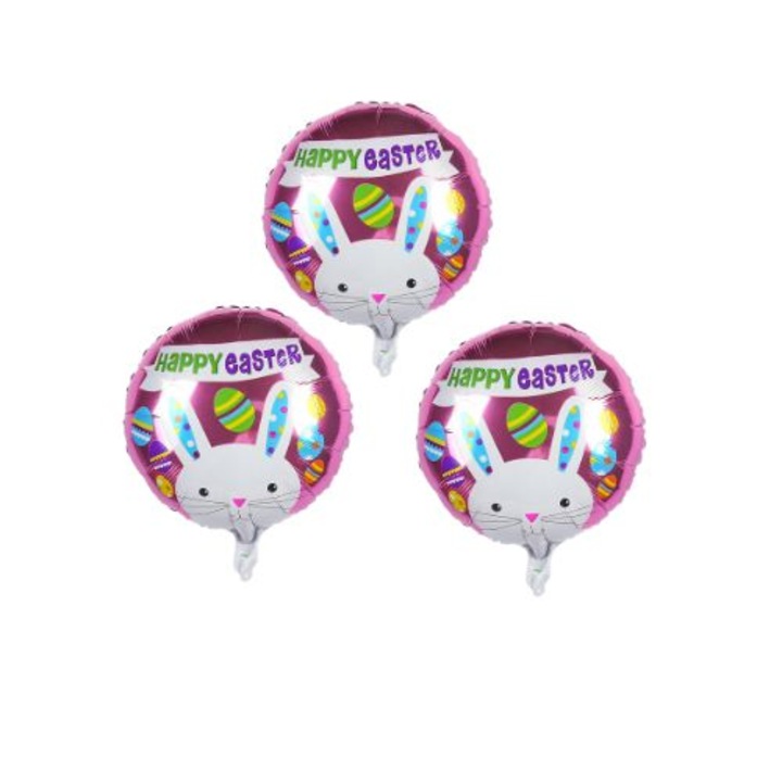Set 3 baloane Iepuras de Paste, folie 45cm, mesaj "Happy Easter"
