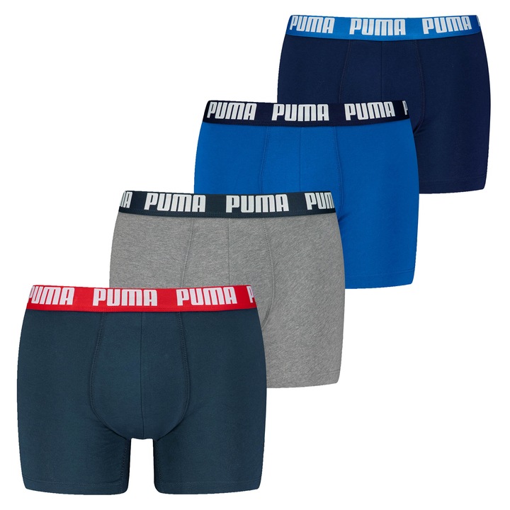 Puma, Set de boxeri din amestec de bumbac cu banda logo in talie Everyday 29751 - 4 perechi, Gri/Albastru