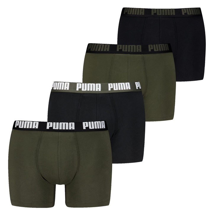 Puma, Set de boxeri din amestec de bumbac cu banda logo in talie Everyday 29751 - 4 perechi, Verde/Negru