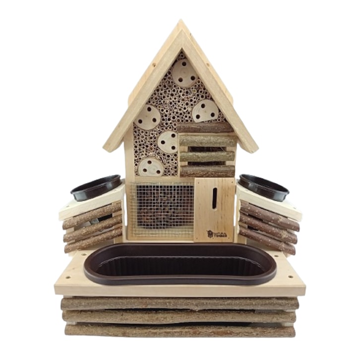 Hotel pentru insecte cu 2 ghivece si 1 jardiniera flori, lemn masiv, 44cm.x 22, 5cm.x 50, 5cm., Natural Timber